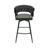 28" Technical Leather Woven Bar Stool Set of 2,Black legs Barstools No Adjustable Kitchen Island 40400662