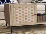 Elegant Veener Weaving Design Coffee Table with 4 Sliding Door, Wooden Center Rectangular Table with 80118663