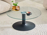 27.5-inch diameter round tempered glass coffee table. 17.7 inches high, supported by a black metal W1512P510326