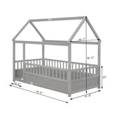 Twin Size Floor Wooden Bed with House Roof Frame, Fence Guardrails,Grey W1858123985