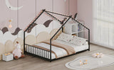 Full size children's bed frame with LED light strips, roof-shaped iron frame bed, Black,78.5" L x W1820P308331