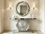 Textured Geometric Square Block Frame Round Mirror, Decorative Hanging Wall Mirror for Entry Living W3836P552374