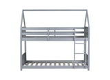 Twin Over Twin House Floor Bed with Headboards, Footboards and Guardrails, Ladder, Rubber Wood W504P227934