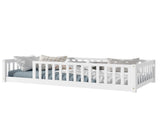 Twin Size Floor Bed with Fence without Door, Rubber Wood Floor Bed with Safety Guardrails,White W504P296795