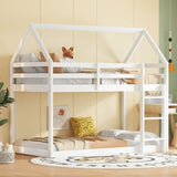 Twin over Twin Rubber Wood Floor Bunk Bed, with ladder,Guardrails,House-Shaped-Bunk Bed,White W504P206864