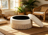 Round Storage Ottoman Bench, 23.23 Inch Upholstered Footstool with Tassel Fringe, 250 lbs 87168032