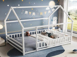 Full Size Floor Wooden Bed with House Roof Frame, Fence Guardrails,White W1858P389981