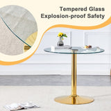 A 35-inch diameter glass top and a modern, minimalist round dining table with gold metal legs. Ideal W1151P263755