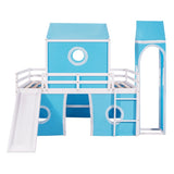 ZNTS Full Size Loft Bed with Slide Blue Tent and Tower - Blue WF298771AAC