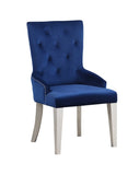 Blue Velvet Chair 1pc Button Tufted Nailhead Trim Platinum Finish Wooden Legs Luxury Dining Room B2741P330118