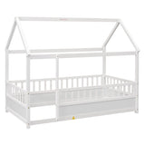 ZNTS Twin Size Floor Wooden Bed with House Roof Frame, Fence Guardrails,White 80284978