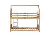 Twin Over Twin House Floor Bed with Headboards, Footboards and Guardrails, Ladder, Rubber Wood W504P227942
