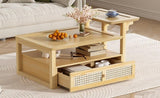 ZNTS U-Can Modern Coffee Table, Coffee Table with 1 Storage Shelf, 2 Tabletops and 1 Rattan Drawer For N724P232190N