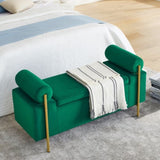 Elegant Upholstered Velvet Storage Bench with Cylindrical Arms and Iron Legs for Hallway Living Room W487128012