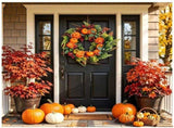 17.71 Inch Fall Artificial Wreath, PE Autumn Wreath with Pumpkins Berries and Leaves, Seasonal 44926603