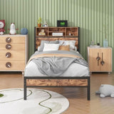 Twin Size Bed Frame with Storage Headboard, Metal Platform Bed with Charging Station, Bookcase 04195824
