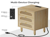 3-Drawer Nightstand with Rattan-Style Finish 15.75"*13.78"*23.82" with Power Outlet Oak 88311539
