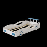 ZNTS Wooden Race Car Bed,Car-Shaped Platform Twin Bed with Wheels For Teens,White & Blue WF310553AAK