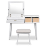 43.3" Classic Wood Makeup Vanity Set with Flip-top Mirror and Stool, Dressing Table with Three WF305498AAK