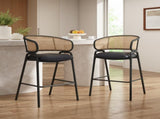 Ethan Indoor Metal Upholstered Barstool, Faux Leather Seat With Wowen Rattan Decorated Backrest, Set N775P290455B