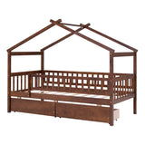 Twin Size Wooden House Bed with Two Drawers, Walnut WF302181AAL