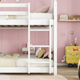 Twin Over Twin House Floor Bed with Headboards, Footboards and Guardrails, Ladder, Rubber Wood W504P227938