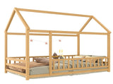 Twin Size Floor Wooden Bed with House Roof Frame, Fence Guardrails,Natural W1858P389939