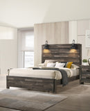 1pc Rustic Style Butcher Block Finish Weathered Brown Finish King Size Bed w/ Lamp Wooden Bedroom B011P230852