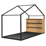 Twin Size Metal Bed House Bed Frame with Shelves and Lights, Black N737P176708B