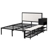 Full size Metal Platform Bed with Two-Tier Storage Shelves, Wooden Storage Cabinet, Black N737P199334B
