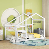 Twin Size Wooden House Bed, Twin Floor Wooden Bed with Shelf, No Box Spring , White Color, TWIN BED W69782586