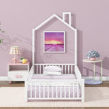 Twin Size Metal House Platform Bed with Guardrail and Chimney, White N709P203151K