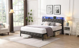 Queen Bed Frame Storage Headboard, Charging Station and LED Lights, Upholstered Platform Bed 09464391