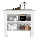 Kitchen Island, kitchen table 35" H, Four Legs, Three Open Storage Shelves, White / Ibiza Marble B097132967