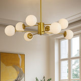 Modern 8-Light Gold Chandelier with White Glass Globe Shades, Mid-Century Branching Design, Elegant W1340P211849