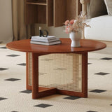 A natural and elegant deep red wooden coffee table with artificial rattan decorations, perfect for a W1512P363031
