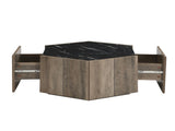 Hexagonal Rustic Retro Wood Coffee Table, with 2 Hidden Drawers, Textured Black Marble Tops, Light N770P309823L