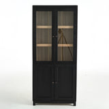 74.5''H Ash Wood Grain Display Cabinet, Bookcase with Glass Doors & Adjustable Shelves, Mid-Century N845P296678B