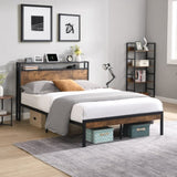 Queen Size Metal Platform Bed Frame with Wooden Headboard and Footboard with USB LINER, No Box W31183488