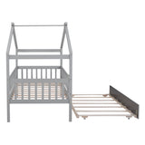 ZNTS Twin Size Wooden House Bed with Twin Size Trundle, Gray WF302178AAE