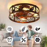 (Amazon No Listing)Caged Ceiling Fans with Lights Black, 20 inch Flush Mount Ceiling Fan Light, W1340103794