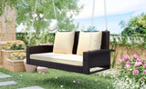 GO 2-Person Wicker Hanging Porch Swing with Chains, Cushion, Pillow, Rattan Swing Bench for Garden, WF285005AAD