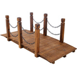 5 FT Wooden Garden Bridge, Stained Wood Arc Footbridge with Chain Railings for Backyard Creek Farm, 06028171