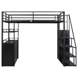 Full Size Metal Loft Bed with Storage Staircase and Wardrobe,Shelves and Lockers,Black 20859887