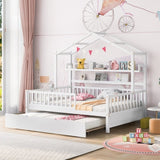 Wooden Full Size House Bed with Twin Size Trundle,Kids Bed with Shelf, White WF301683AAK