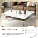 ON-TREND Exquisite High Gloss Coffee Table with 4 Golden Legs and 2 Small Drawers, 2-Tier Square WF315490AAK