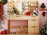 Oak-colored particleboard with a textured melamine veneer, 4-drawer, 2-tier vanity table with 10 18944557