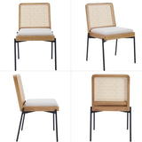 Mid-Century Dining Chairs Set of 2, Accent Linen Fabric Side Chairs with Rattan Backrest Metal Legs 30479899