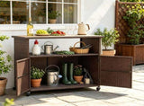Outdoor Wicker Storage Cabinet, Solid Acacia Wood Patio Bar Cart with Lockable Universal Wheels, 41232191