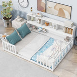 Full Floor Bed with Side Bookcase,Shelves,Guardrails,White W504142775